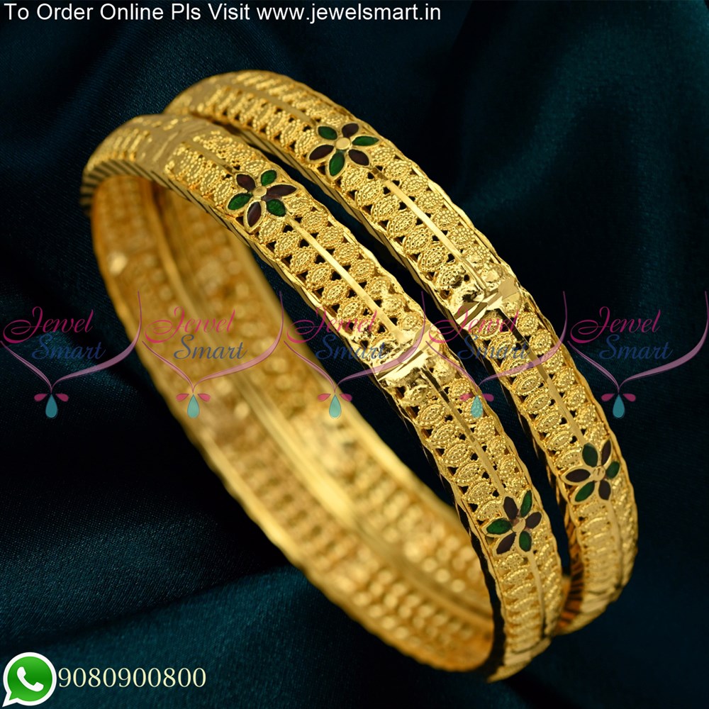 Broad Hollow Design Floral Meenakari One Gram Gold Bangles B25326