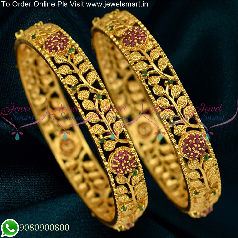 Light Weight Broad One Gram Gold Bangles Leaf Design Ruby Emerald ...