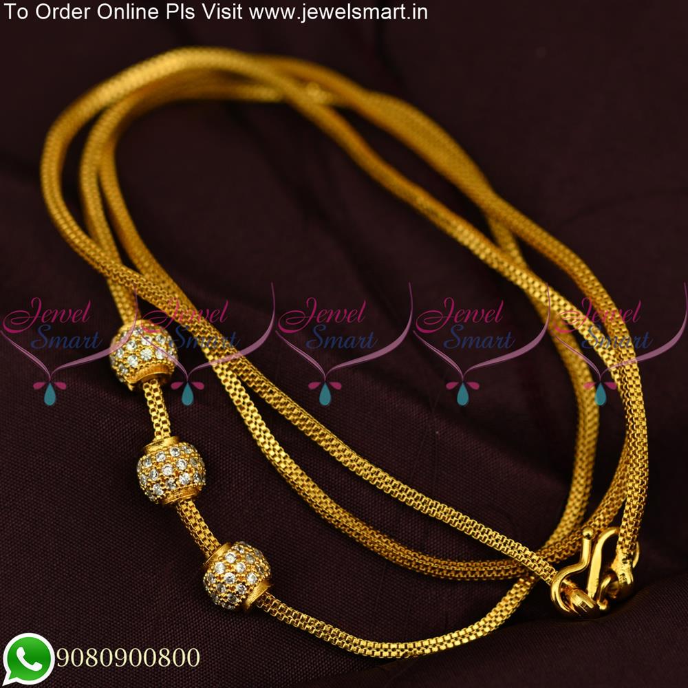 24 Inches Gold Plated Chains Flexible and Thin CZ 3 Stone Ball Mugappu C25548