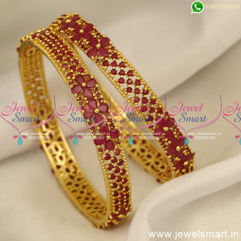 3 Line Glimmering Ruby and Emerald One Gram Gold Bangles Design