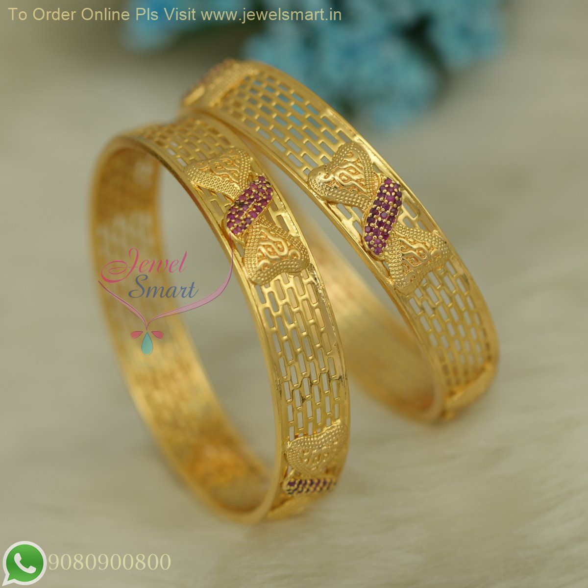 Broad Ruby Stones Studded Gold Plated Bangles Lightweight Party Regular Wear B26829