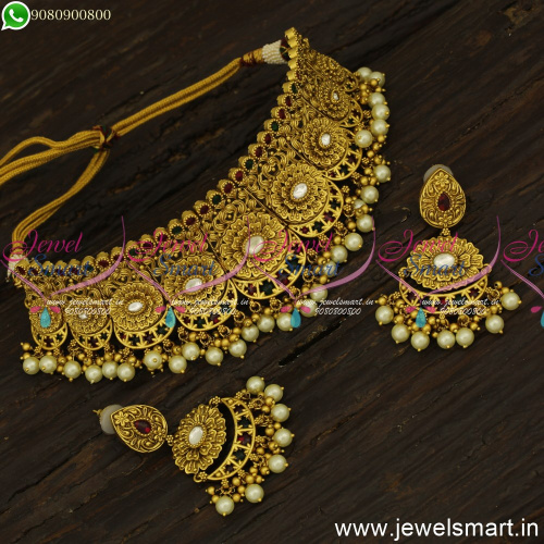 1 Gram Gold Antique Kundan Choker Necklace Set Branded Jewellery Concept NL24667
