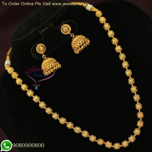 Single Line Round Antique Gold Beads Necklace Set with Matching Earrings - Handmade Masterpiece NL26162