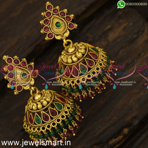 2 Line Beads Antique Gold Jhumka Earrings Trending Jimikki Kammal Designs J24251