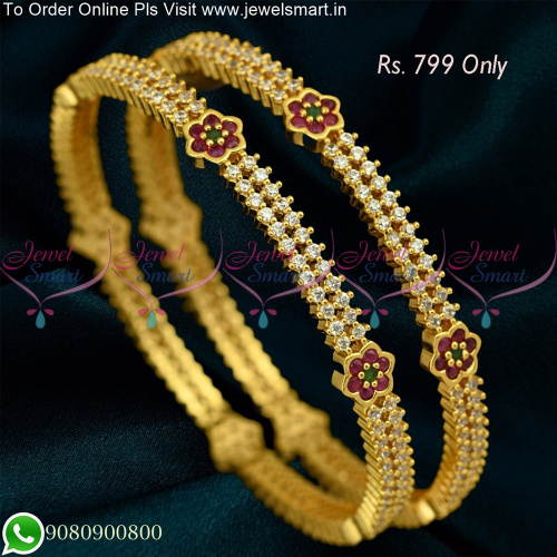 2 Line Stones Floral Design CZ White Ruby One Gram Gold Bangles B25321