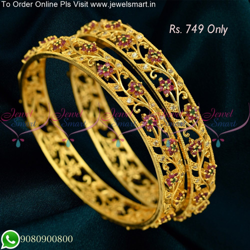 Ruby Emerald Flowers One Gram Gold Bangles Inspired from Real B25328