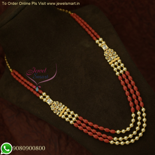 Exquisite 3-Layer Coral Red Beaded Jewellery with Mugappu: Popular Long Necklace Designs NL25899