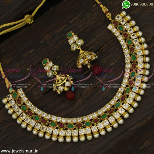 3 Layer Stones Fancy Necklace Set Dazzling White Red and Green Jhumka Earrings Online NL22879