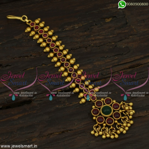 3 Line Kemp Stone Bead Chain Maang Tikka Traditional Nethichutti Antique Jewellery 
