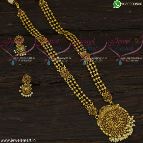 3 Line Kharbuja Beads Long Necklace Antique Gold Fashion Jewellery Designs NL22661