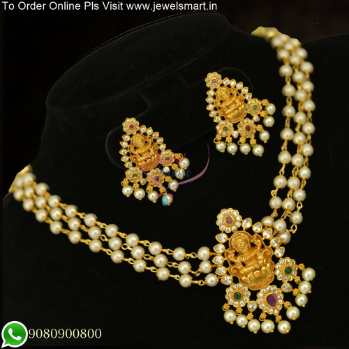 3 Line Pearl Choker Necklace with Temple Pendant and Earrings Offer Sale NL25736