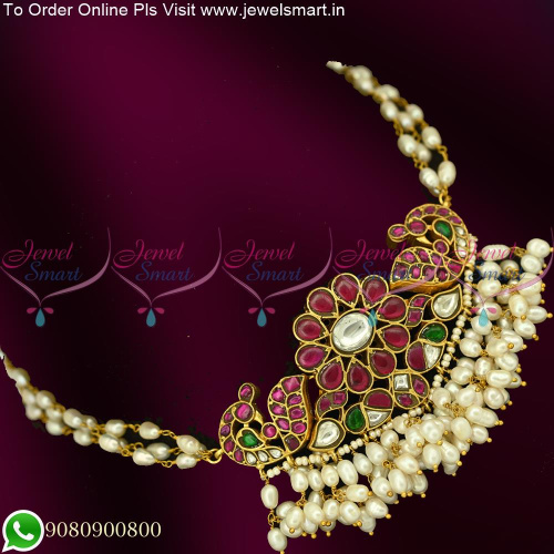 3 Line Real Pearls Choker Necklace Adorned with Real Jadau Pendant NL25371
