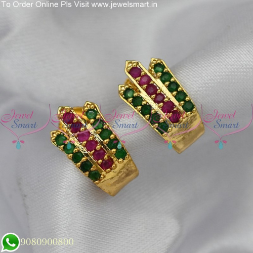 3 Line Stones Small Size J Type Stud Earrings For Women Gold Plated ER25244