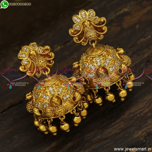 3D Peacock Fancy Jhumka Earrings Antique Gold Plated Jewellery Designs Online J23481