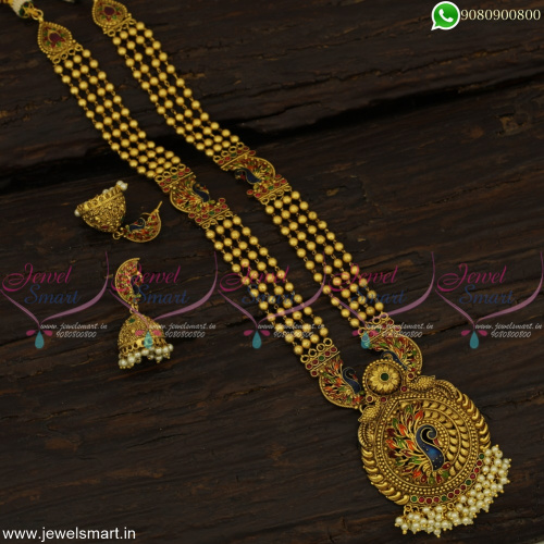 4 Line Beads Antique Gold Long Necklace Meenakari Mugappu Fabulous Jewellery 