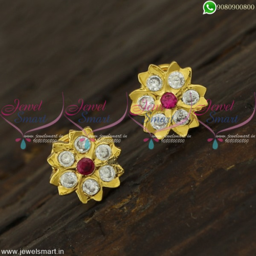 7 Stones Gold Plated Ear Studs For Elders Floral Design Light Weight Jewellery ER22160