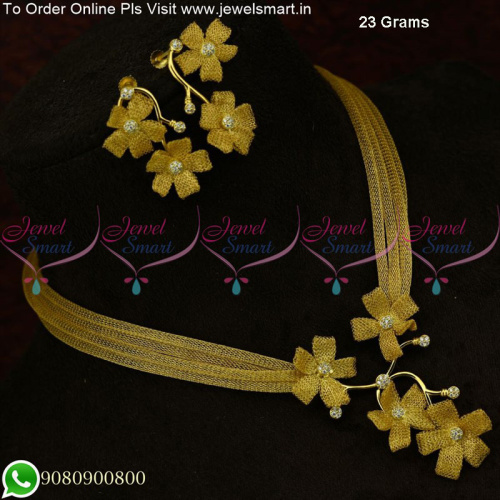 92.5 Pure Silver Necklace Set 4 Line Mesh Chain Floral Jewellery Gold Plated NL25161