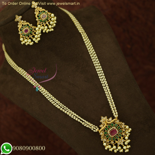 Affordable 4 Line Beads Long Necklace with Ruby and Emerald Stones - Stunning Pendant and Earrings NL26056
