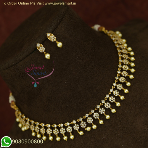 Affordable CZ Stones Necklace set with Pearls Dull Gold Plated