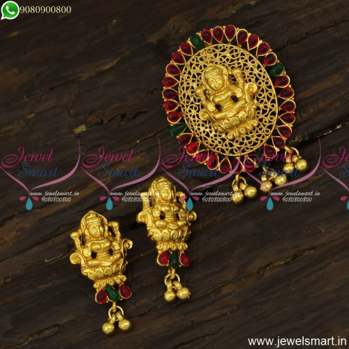 Amazing Gold Temple Jewellery Traditional Designs Pendant Set Small Ear Studs 