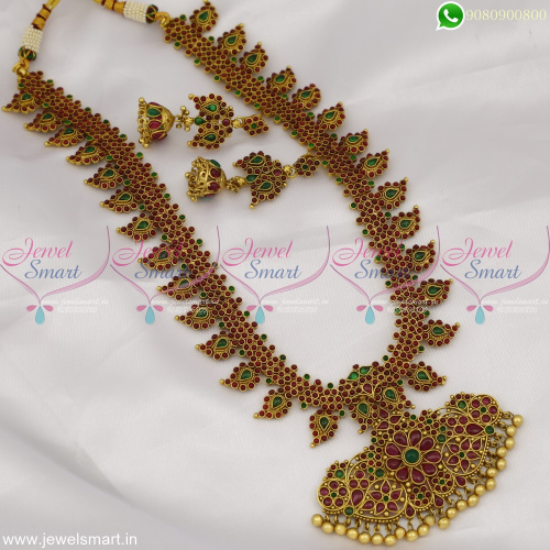 Amazing Manga Malai Gold Haram Designs in Imitation Kemp Stones Long Necklace Jhumka