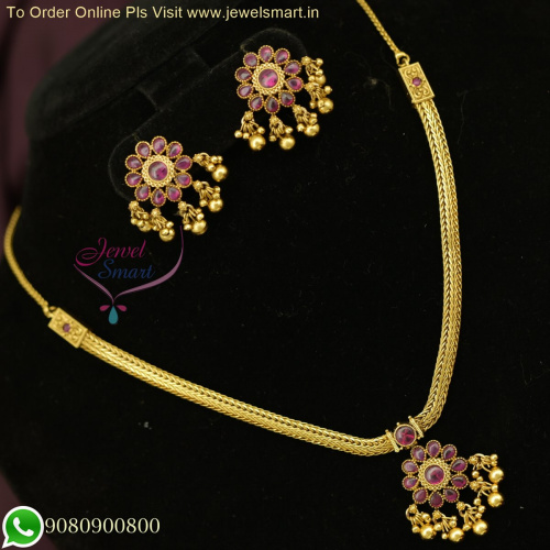 Antique Attigai Style One Gram Gold Chain Necklace Set with Kemp Stones NL26343