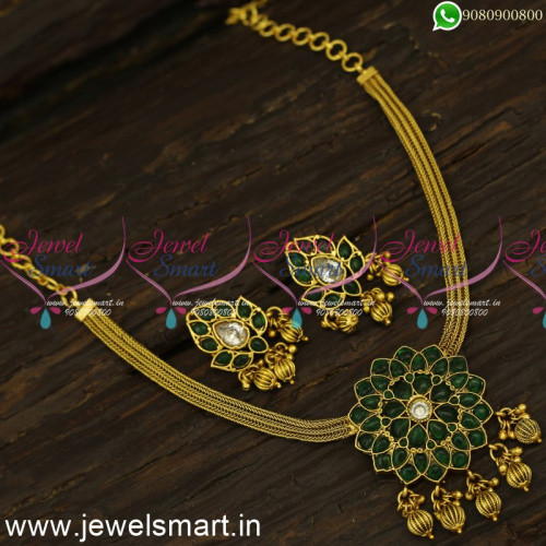 NL24410 Antique Gold Attigai Necklace Set Trending Jewellery Collections With Kemp Stones 