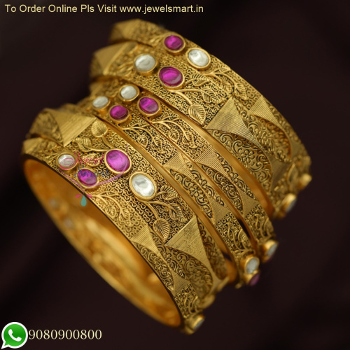 Antique Gold Plated Kundan Stones Bridal Bangles Set - 6 Pieces | Looks Like Real B25157