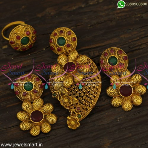 Antique Gold Designer Pendant Sets With Finger Rings Combo Artificial Jewellery PS23972