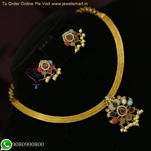 Attigai Style Simple Antique Gold Navratna Necklace Set -  South Indian Jewellery NL26219