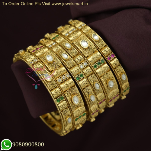 Antique Gold Plated Kundan Stones Bridal Bangles Set - 6 Pieces | Premium Jewellery B26150