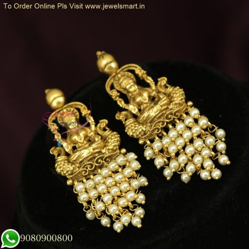 Antique Gold Temple Laxmi God Engraved Earrings with Golden Beads and Pearls Cluster: Popular Online Designs ER26382