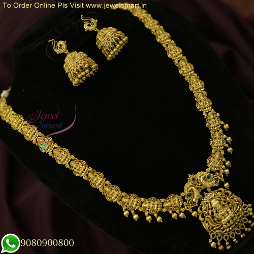 Divine Elegance: Antique Gold Temple Long Necklace Set with Exclusive Nagas Laxmi God-Inspired Design NL26292