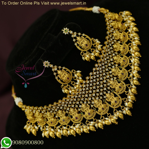 Timeless Opulence: Antique Gold Unique CZ Stones Temple Choker Necklace Set with Rice Pearls and Oval Golden Beads NL26293