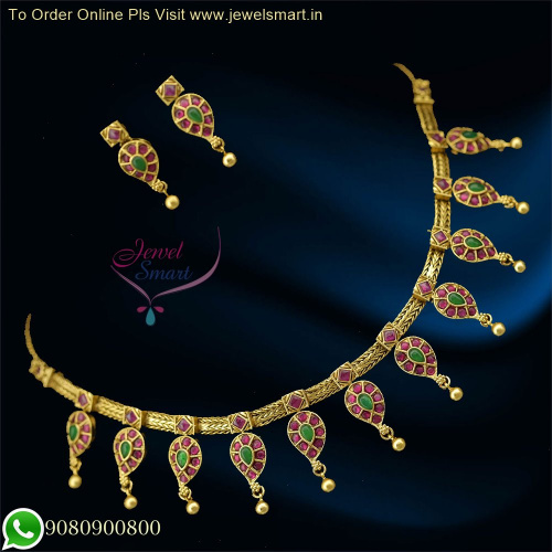 Exquisite Antique One Gram Gold Chain Necklace Set with Mango Pendants and Cute Ear Studs  NL26308