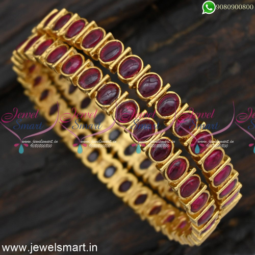 Appealing Oval Line Red Stone Imitation Gold Bangles Design Latest Valayal Online BJS6368