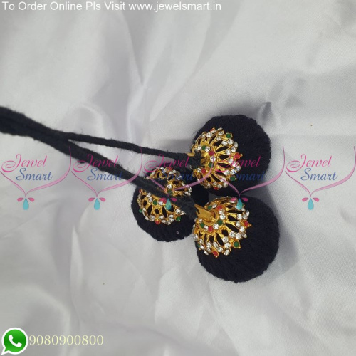 Art Silk Yarn Threaded Round Hair Jada Kunjalam With Stone Cap H25246