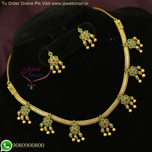 Attigai Style One Gram Gold Chain Necklace Set Floral Pendants Small Ear Studs NL26345