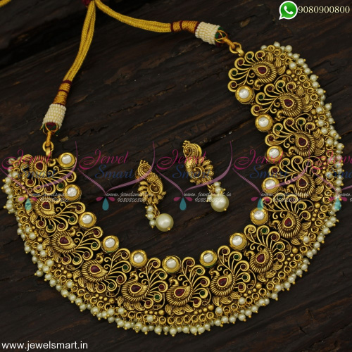 Peacock Choker Necklace Set Small Earrings 1 Gram Gold Antique Jewellery Online Shopping NL23095