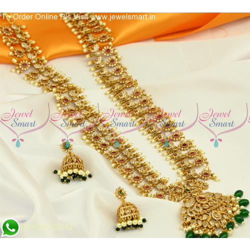 Beautiful Broad Peacock Design Long Gold Necklace With Small Jhumka Earrings NL25475