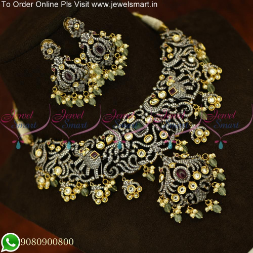 Beautiful CZ Kundan and Ruby Emerald Adorned Victorian Necklace Set NL25465