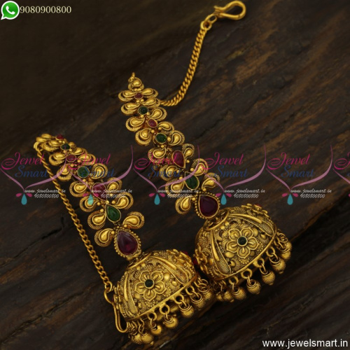 Beautiful Floral Jhumka Earrings With Mattal Ear Chain Antique Jewellery Designs