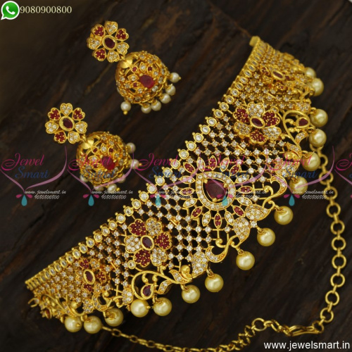 Beautiful Gold Plated Choker Necklace Designs With Jhumka Earrings Online NL23722