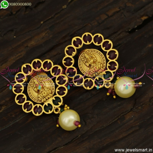 Beautiful Kemp Laxmi Coin Ear Studs With Pearls Kasu Kammal Online ER23795