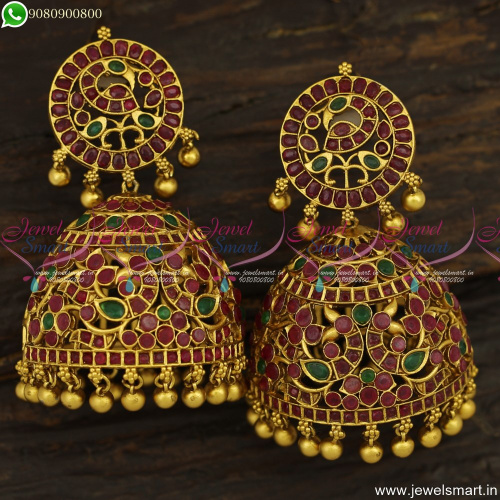 Big Heavy Bridal Designer Jhumka Earrings Gold Designs Ruby Emerald Stones Jewellery J23827