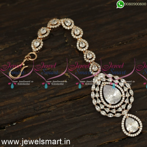 Big Shining White Stone Papidi Billa for Brides Jewellery In Rose Gold Maang Tikka T24145