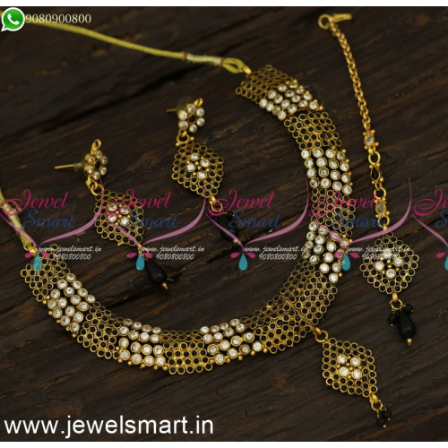 Black and White Colour Copper Antique Fashion Jewellery Set Maang Tikka NL24088
