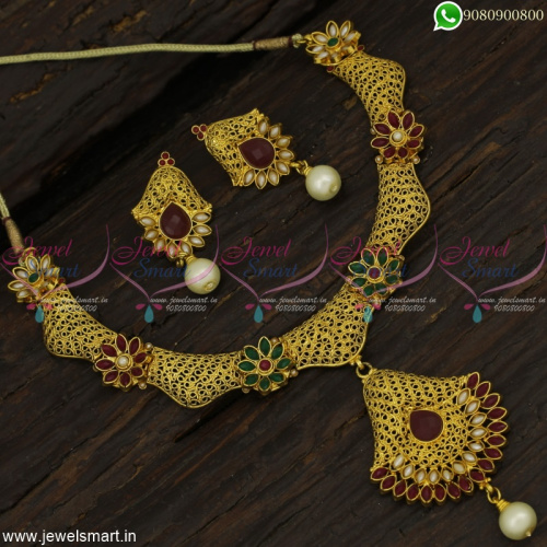 Brass Metal Delicate Antique Fashion Jewellery Set Red Green Light Gold Designs NL22875