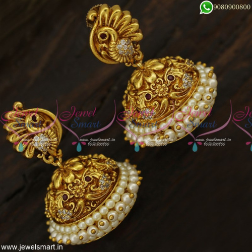 Bridal Antique Jhumka Earrings Adorned with 3 Layer Pearl Jewellery Online J23303