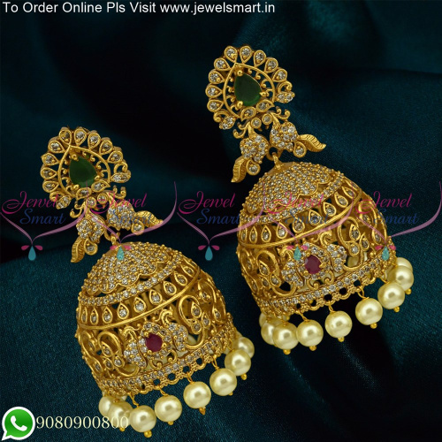 Broad Heavy Indian jhumkas For Wedding Sparkling CZ Stones Antique Gold J25345